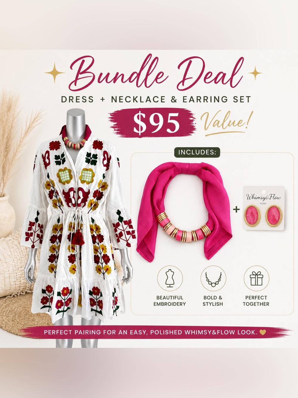 Whimsy & Flow White Embroidered Midi Dress with Pink Accent Necklace Set